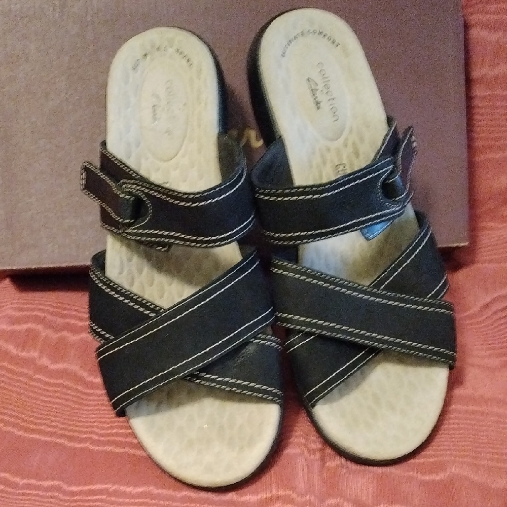 Clarks Black and White Slide Sandals